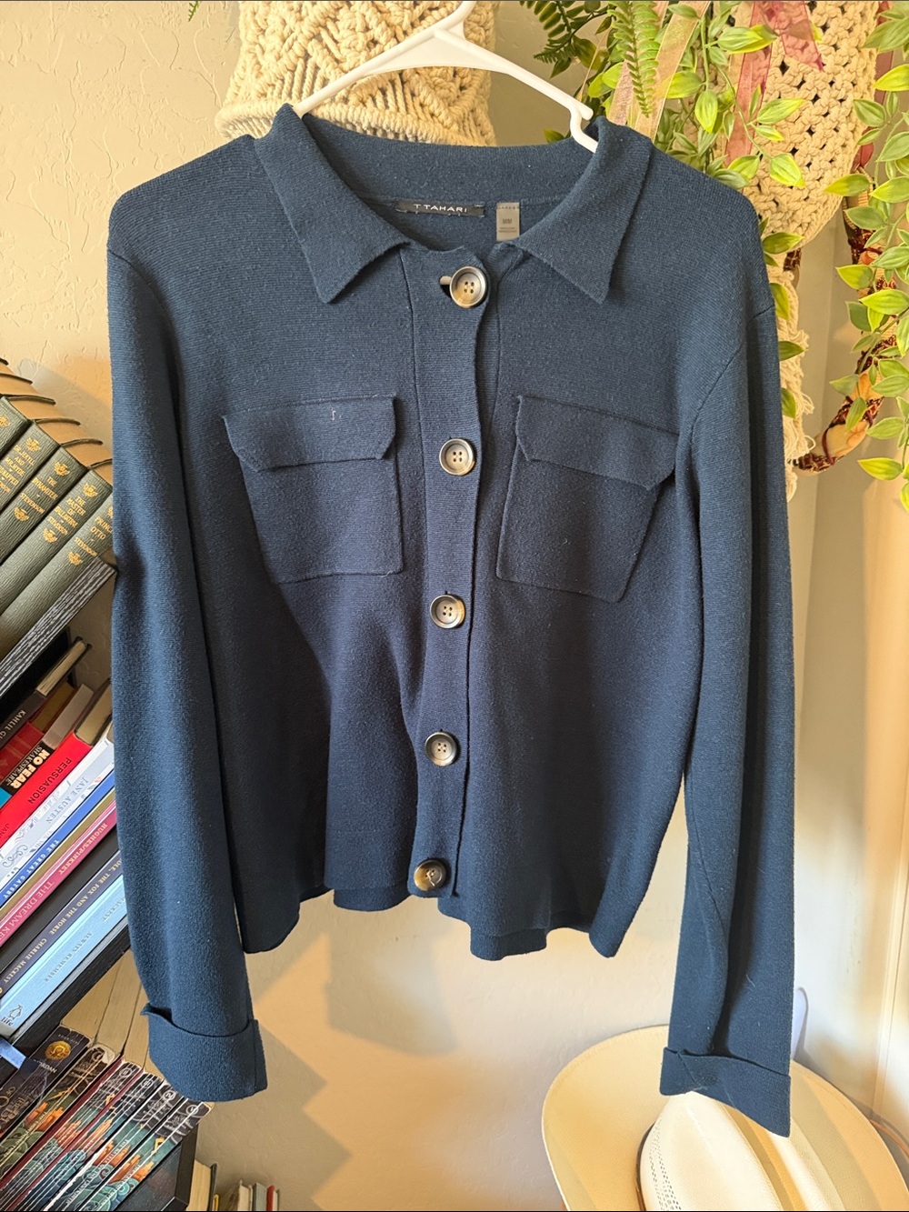 T Tahari Navy Button-Front Knit Cardigan with Chest Pockets